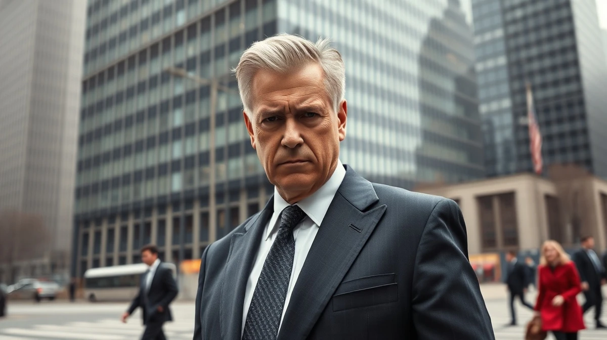 Serious businessman in suit outside Manhattan skyscraper, representing NYC real estate interests.
