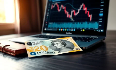 New Zealand Dollar banknote on desk with laptop showing a downward forex chart