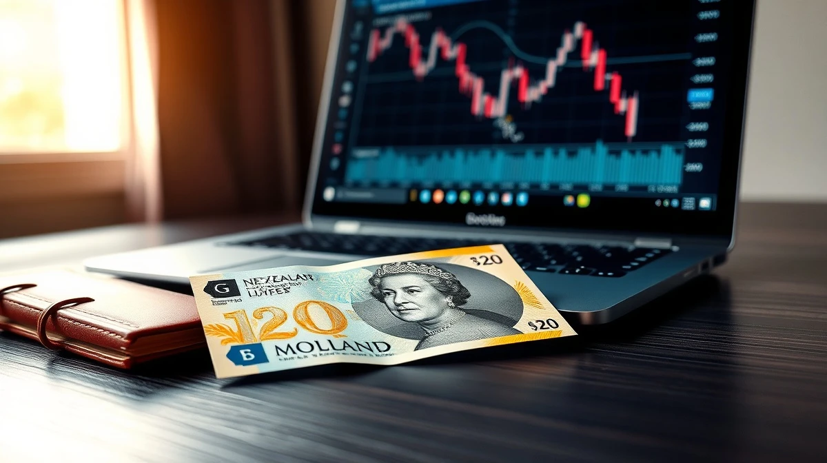 New Zealand Dollar banknote on desk with laptop showing a downward forex chart