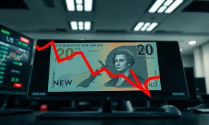 New Zealand Dollar banknote with descending red chart overlay on dark trading desk background