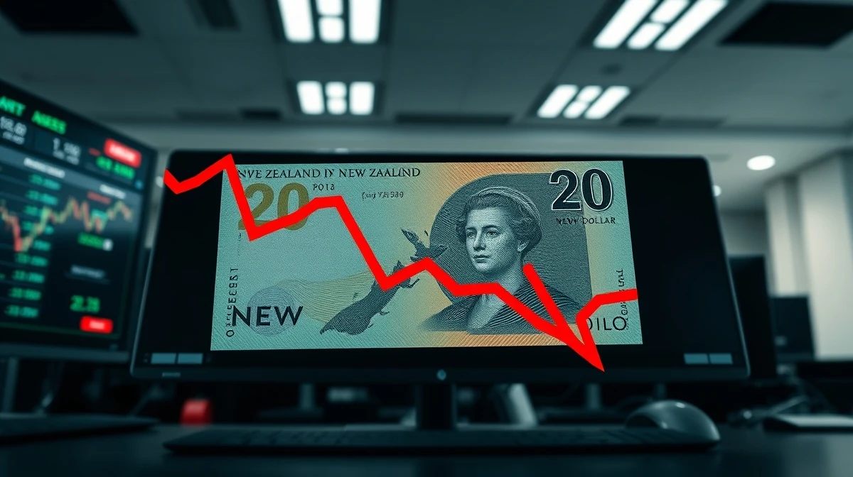New Zealand Dollar banknote with descending red chart overlay on dark trading desk background