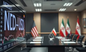 NZD/USD exchange rate on trading screen with US and Iranian flags in background representing geopolitical risk
