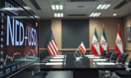 NZD/USD exchange rate on trading screen with US and Iranian flags in background representing geopolitical risk