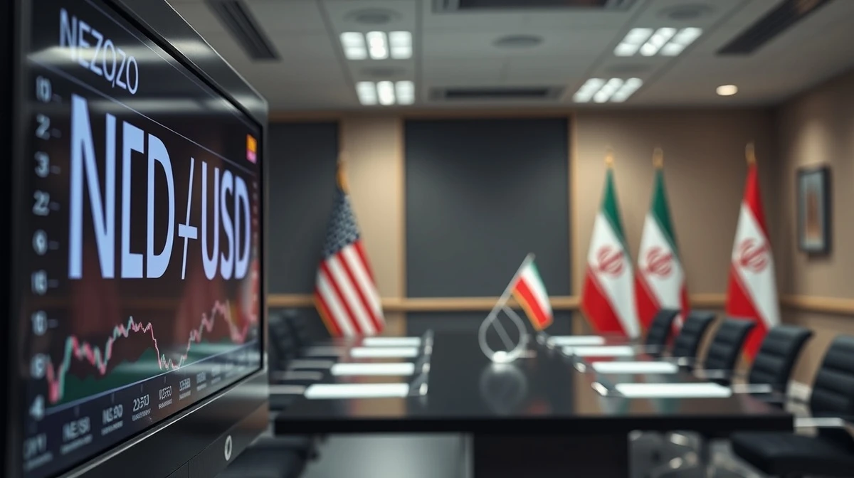 NZD/USD exchange rate on trading screen with US and Iranian flags in background representing geopolitical risk