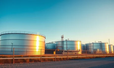 Oil storage tanks at sunrise, representing steady crude prices after market sell-off