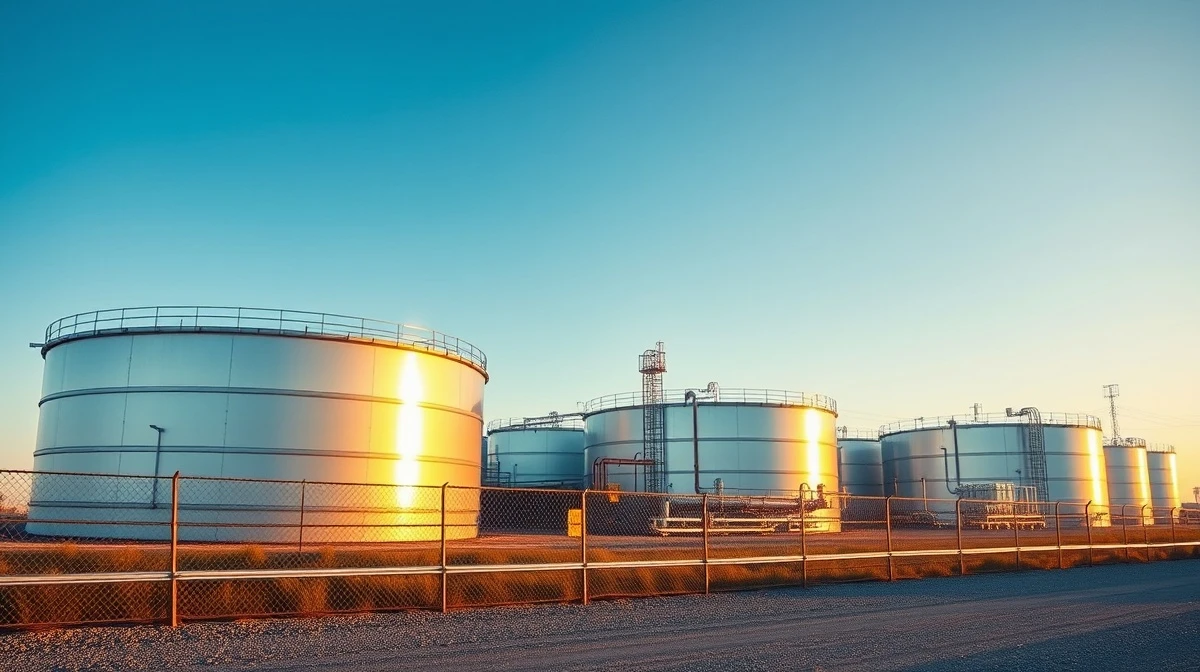 Oil storage tanks at sunrise, representing steady crude prices after market sell-off