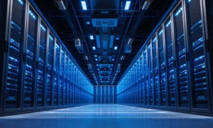 Modern data center server room with blue lighting representing cloud infrastructure