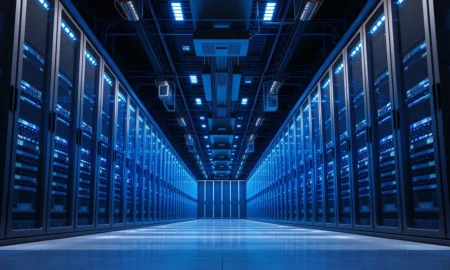 Modern data center server room with blue lighting representing cloud infrastructure