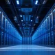 Modern data center server room with blue lighting representing cloud infrastructure