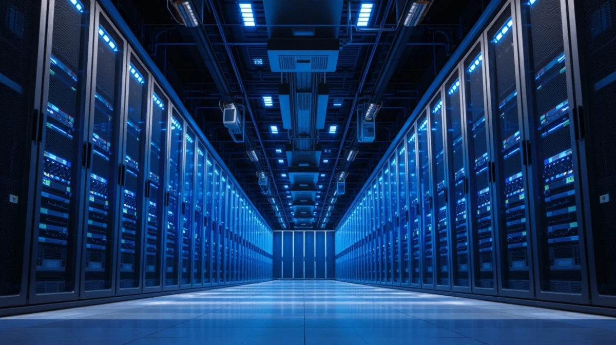 Modern data center server room with blue lighting representing cloud infrastructure