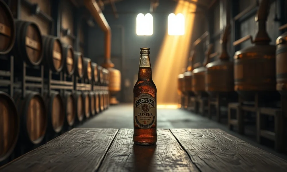 A dusty vintage beer bottle on a wooden table in an empty, dimly lit brewery, symbolizing the end of a 177-year-old brand.