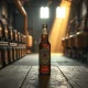 A dusty vintage beer bottle on a wooden table in an empty, dimly lit brewery, symbolizing the end of a 177-year-old brand.