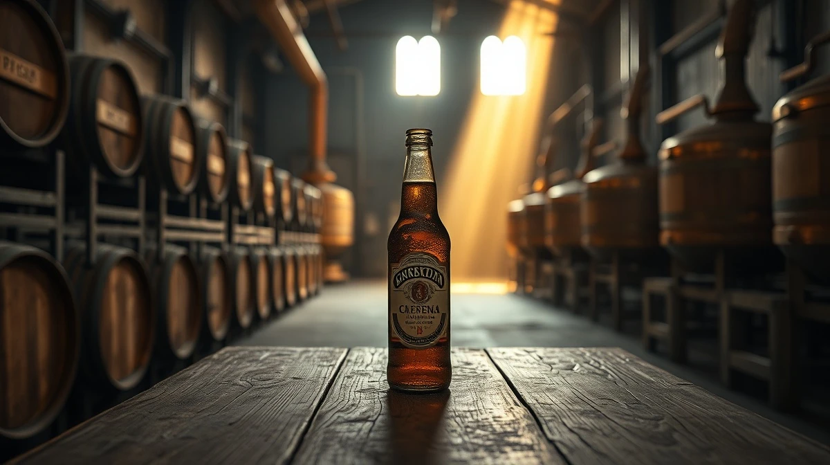 A dusty vintage beer bottle on a wooden table in an empty, dimly lit brewery, symbolizing the end of a 177-year-old brand.