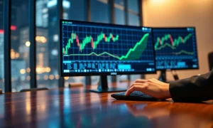 Trading monitors showing Ondo Finance price breakout chart in a professional financial office setting
