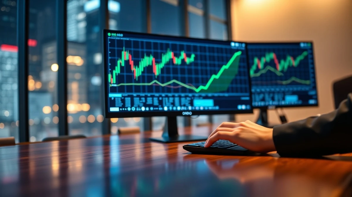 Trading monitors showing Ondo Finance price breakout chart in a professional financial office setting