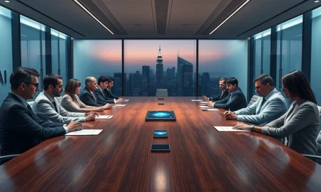 Boardroom scene with OpenAI and Apple executives in tense negotiation over AI partnership