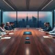 Boardroom scene with OpenAI and Apple executives in tense negotiation over AI partnership