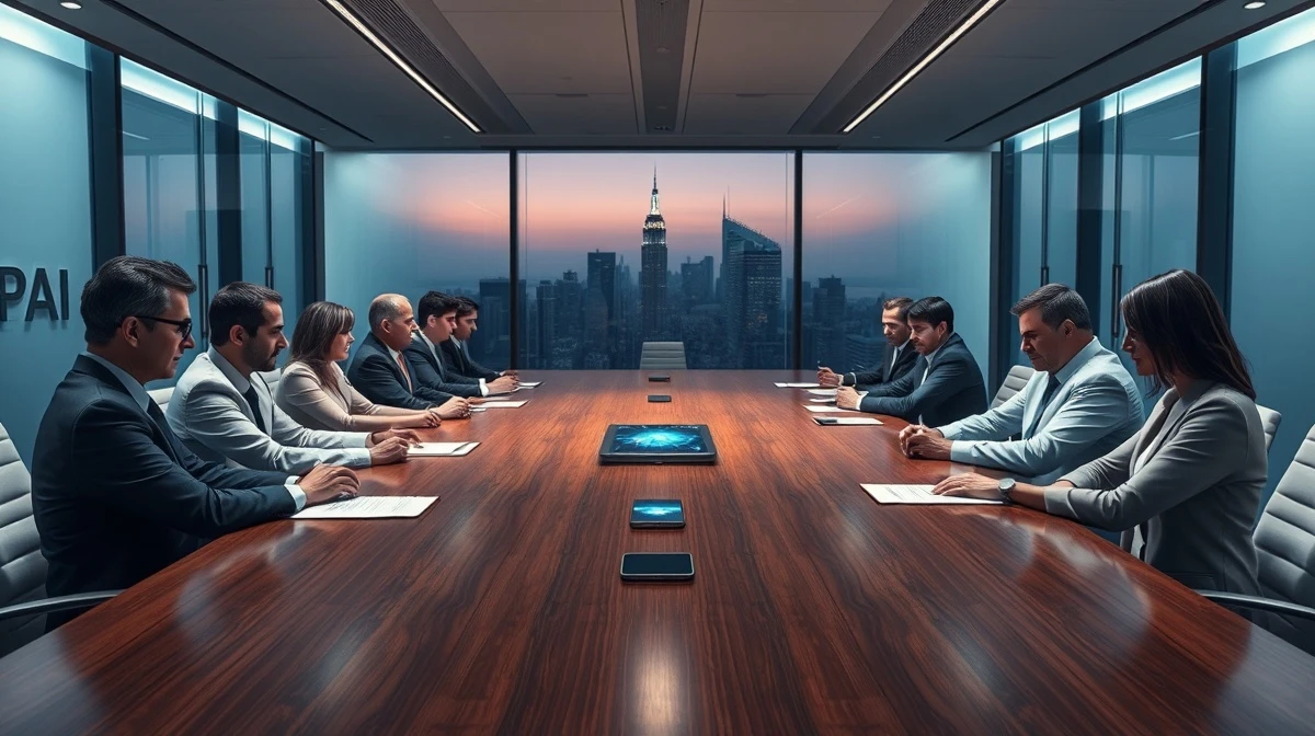 Boardroom scene with OpenAI and Apple executives in tense negotiation over AI partnership