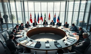 International delegates seated at a round table in a modern conference room discussing AI governance.
