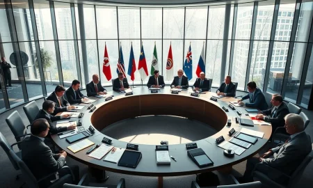 International delegates seated at a round table in a modern conference room discussing AI governance.