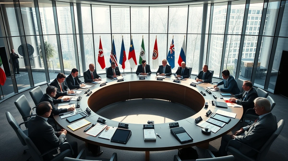 International delegates seated at a round table in a modern conference room discussing AI governance.