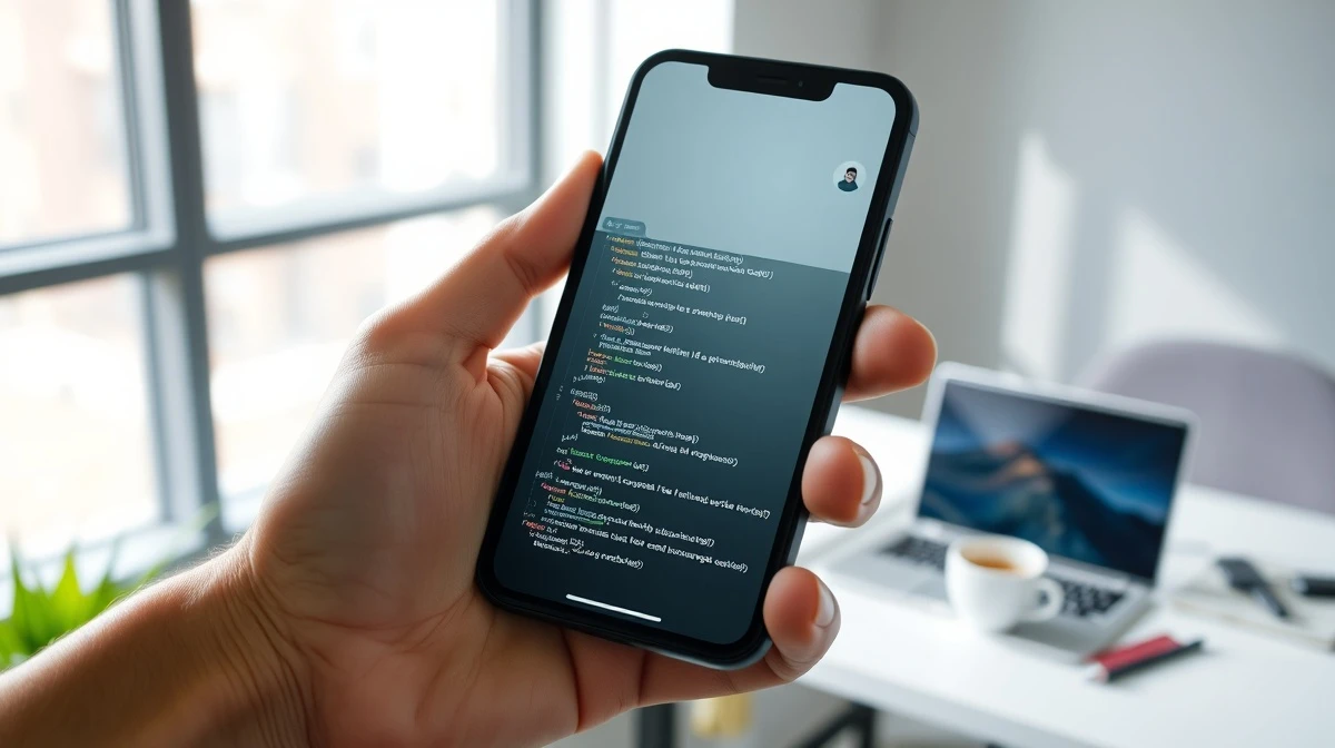 Person using OpenAI Codex on a smartphone in a modern office setting