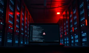 Dimly lit server room with laptop showing code and warning icon after OpenAI security breach