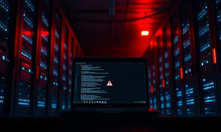 Dimly lit server room with laptop showing code and warning icon after OpenAI security breach