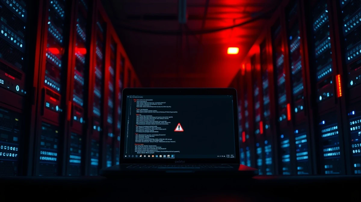 Dimly lit server room with laptop showing code and warning icon after OpenAI security breach
