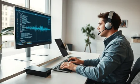 Developer using OpenAI's new voice API on a laptop in a modern office