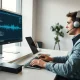 Developer using OpenAI's new voice API on a laptop in a modern office