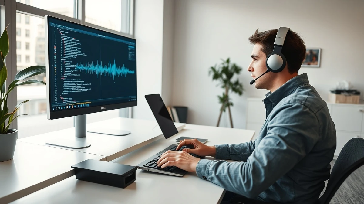 Developer using OpenAI's new voice API on a laptop in a modern office