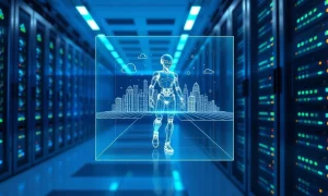 Holographic robot model in a data center representing AI training data from video games