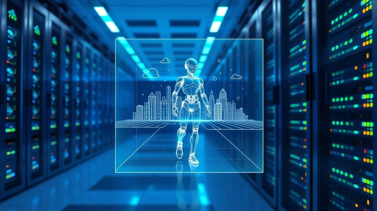 Holographic robot model in a data center representing AI training data from video games