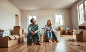 A couple sitting on moving boxes in an empty living room, looking uncertain about their home purchase