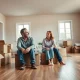 A couple sitting on moving boxes in an empty living room, looking uncertain about their home purchase