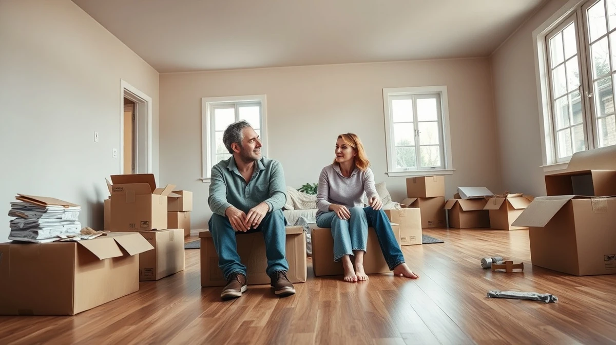 A couple sitting on moving boxes in an empty living room, looking uncertain about their home purchase