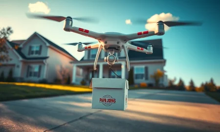 Wing drone lowering a Papa John's pizza box in a residential driveway in Christiansburg, Virginia