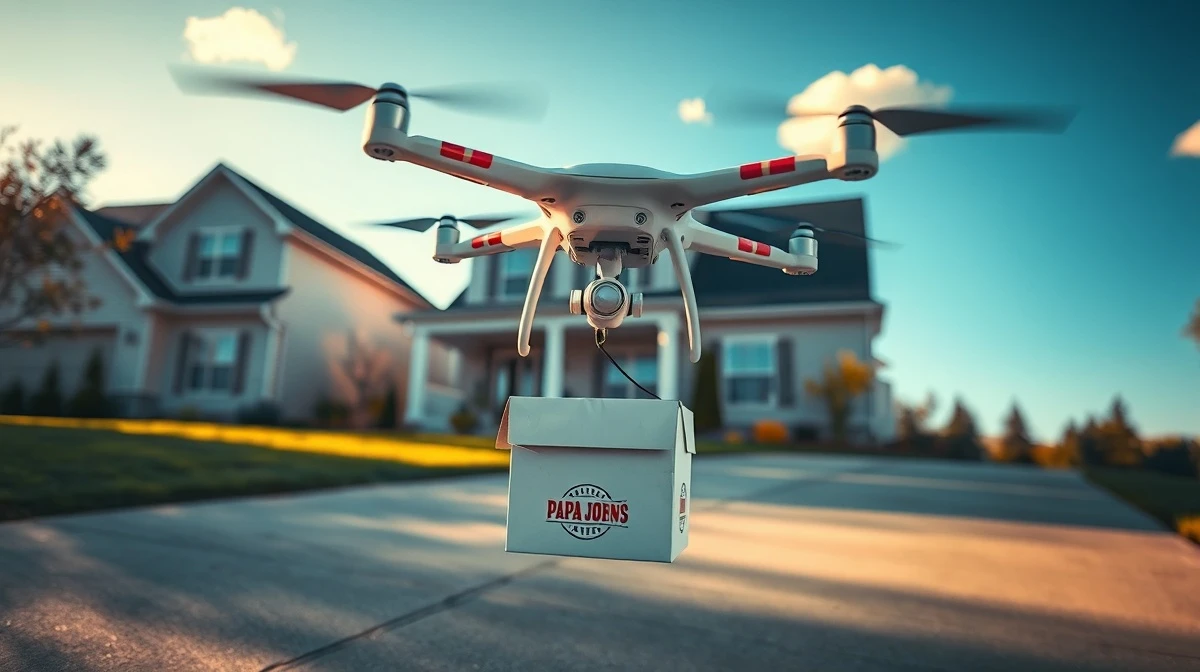 Wing drone lowering a Papa John's pizza box in a residential driveway in Christiansburg, Virginia