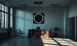 Empty office of bankrupt fintech startup Parker with dark sign
