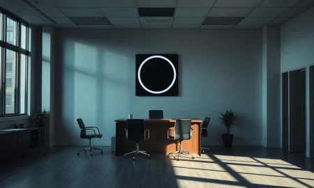 Empty office of bankrupt fintech startup Parker with dark sign
