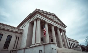 Exterior of the U.S. Department of Justice building in Washington, D.C., under overcast skies.