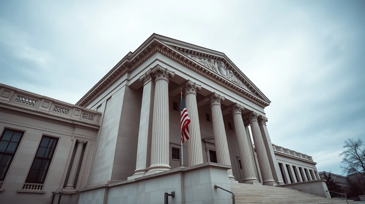 Exterior of the U.S. Department of Justice building in Washington, D.C., under overcast skies.