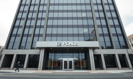 Exterior of the PCAOB headquarters building in Washington, D.C., under overcast sky.