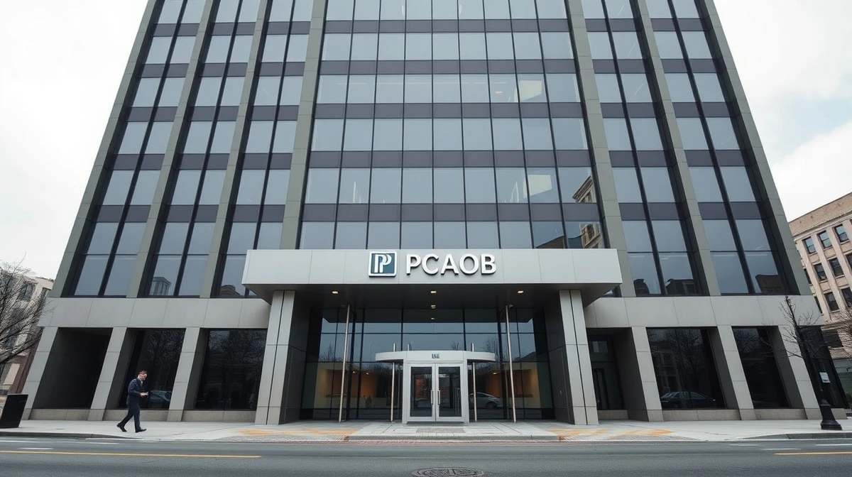 Exterior of the PCAOB headquarters building in Washington, D.C., under overcast sky.