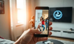 A smartphone displaying a vertical video of a salon makeover scene and a college campus conversation, with a Peacock logo on a TV in the background.
