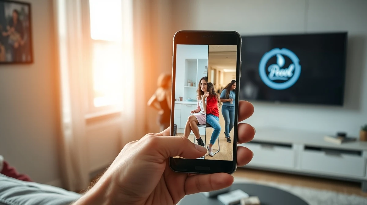 A smartphone displaying a vertical video of a salon makeover scene and a college campus conversation, with a Peacock logo on a TV in the background.
