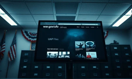 Government website war.gov/ufo displaying UFO and UAP files on a monitor in a secure office