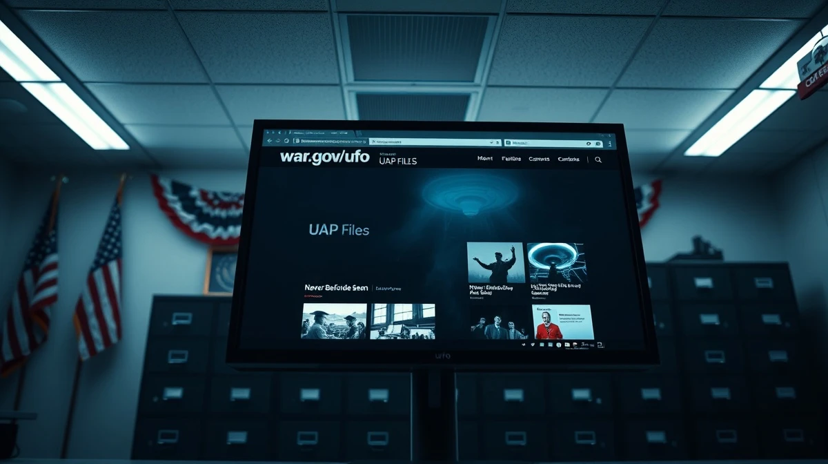 Government website war.gov/ufo displaying UFO and UAP files on a monitor in a secure office