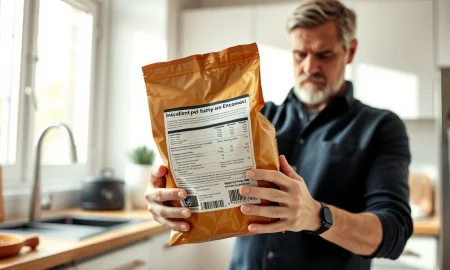 Concerned pet owner holding a bag of dry pet food in a kitchen, checking for recall information